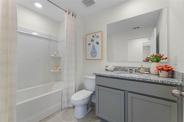 full bathroom with toilet, vanity, and shower / tub combo with curtain