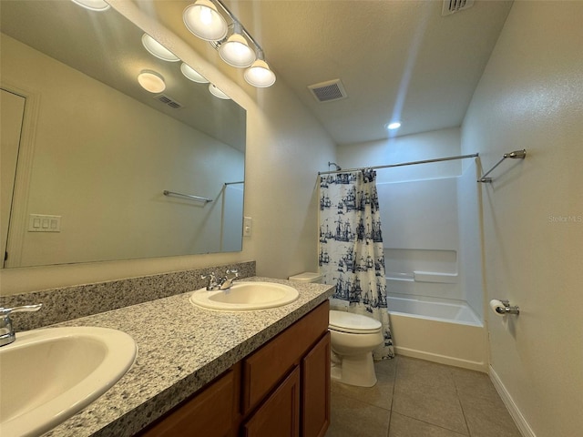 full bathroom with toilet, vanity, shower / bathtub combination with curtain, and tile patterned flooring