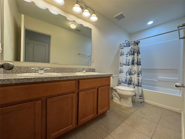 full bathroom featuring toilet, tile patterned floors, shower / bathtub combination with curtain, and vanity