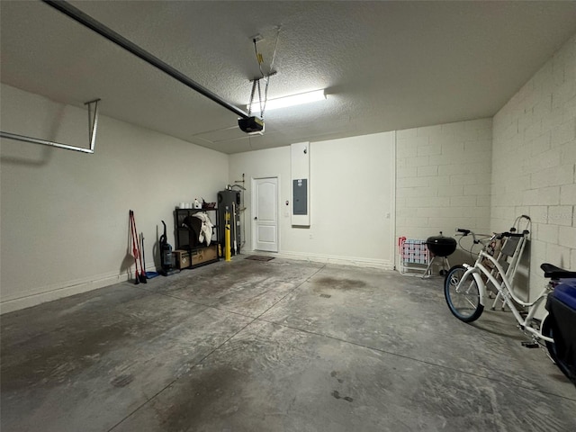 garage featuring a garage door opener, electric panel, and electric water heater