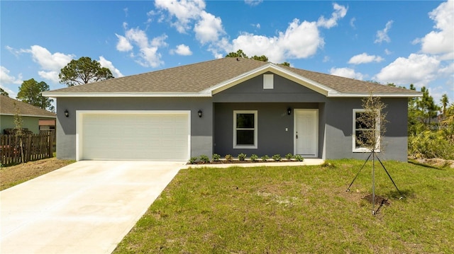 single story home featuring a front yard and a garage