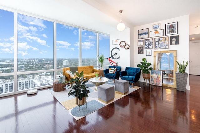 living room featuring floor to ceiling windows, plenty of natural light, and hardwood / wood-style flooring