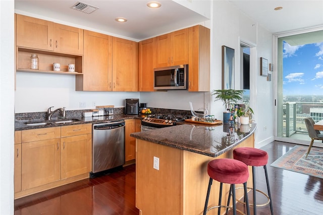 kitchen with kitchen peninsula, sink, dark wood-type flooring, dark stone counters, and stainless steel appliances