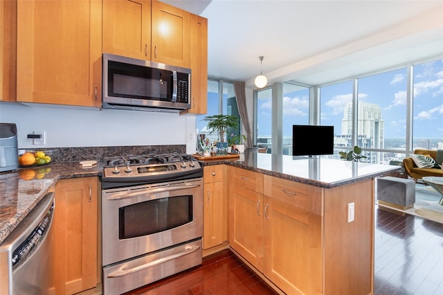 kitchen featuring dark stone counters, decorative light fixtures, kitchen peninsula, dark wood-type flooring, and stainless steel appliances