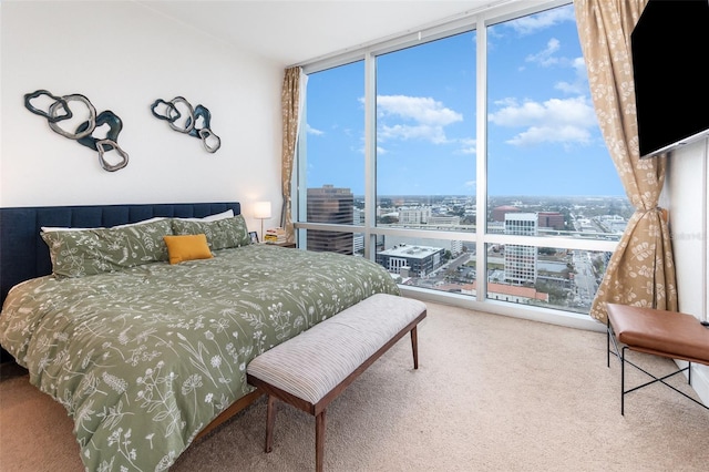 bedroom with carpet floors and a wall of windows