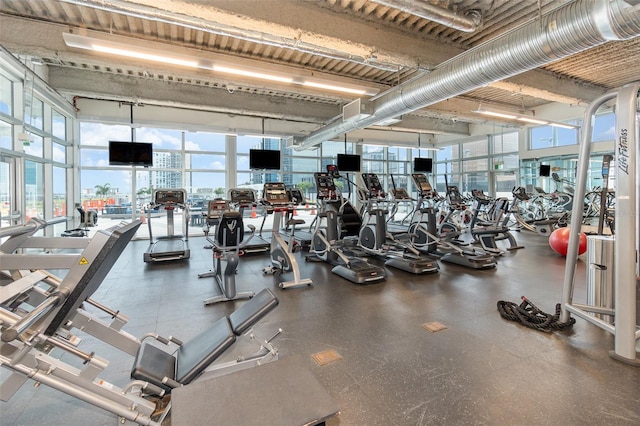 exercise room featuring a wealth of natural light and a high ceiling