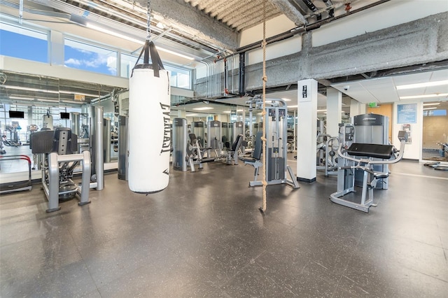 exercise room with a towering ceiling