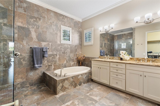 bathroom featuring vanity, tile walls, an inviting chandelier, crown molding, and shower with separate bathtub