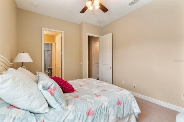 bedroom with ceiling fan and carpet flooring