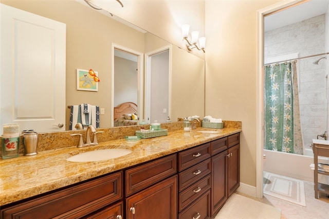 bathroom featuring vanity, tile patterned floors, and shower / bathtub combination with curtain