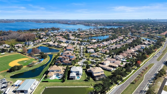 bird's eye view with a water view