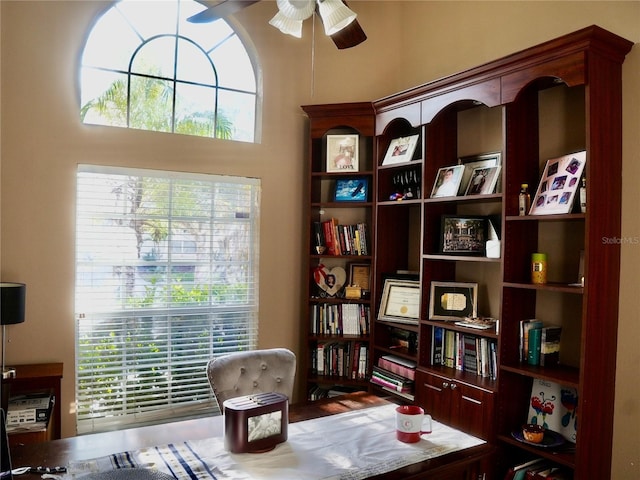 living area with a healthy amount of sunlight and ceiling fan