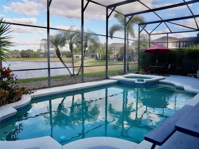 view of pool featuring a water view, an in ground hot tub, a lanai, and a patio