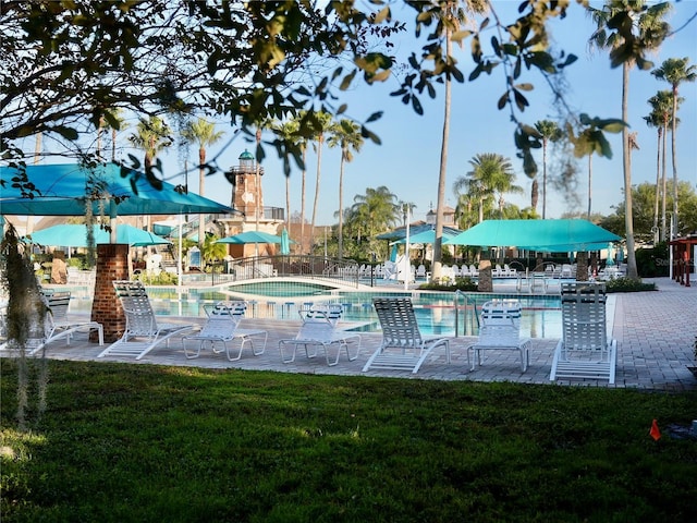 view of swimming pool with a yard and a patio area