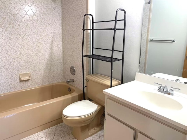 full bathroom with shower / bathing tub combination, tile patterned floors, toilet, and vanity