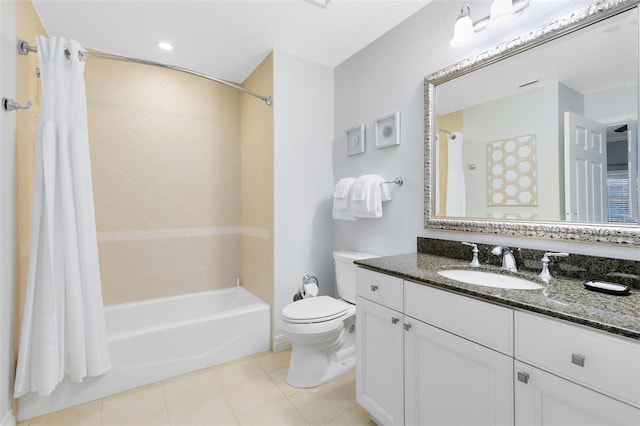 full bathroom with toilet, vanity, shower / bathtub combination with curtain, and tile patterned flooring