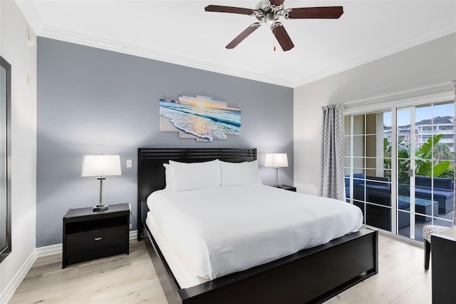 bedroom with crown molding, access to outside, ceiling fan, and light wood-type flooring