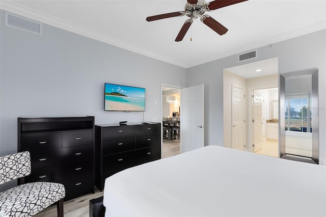 bedroom with ceiling fan, ensuite bath, ornamental molding, and light hardwood / wood-style flooring