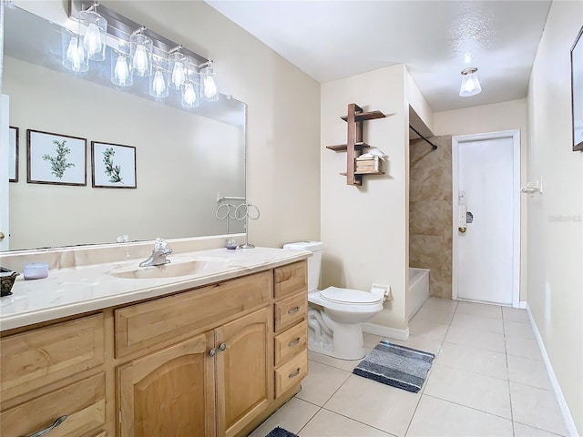 full bathroom with tile patterned flooring, vanity, tiled shower / bath combo, and toilet