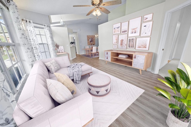 living room featuring ceiling fan, lofted ceiling, and light hardwood / wood-style flooring