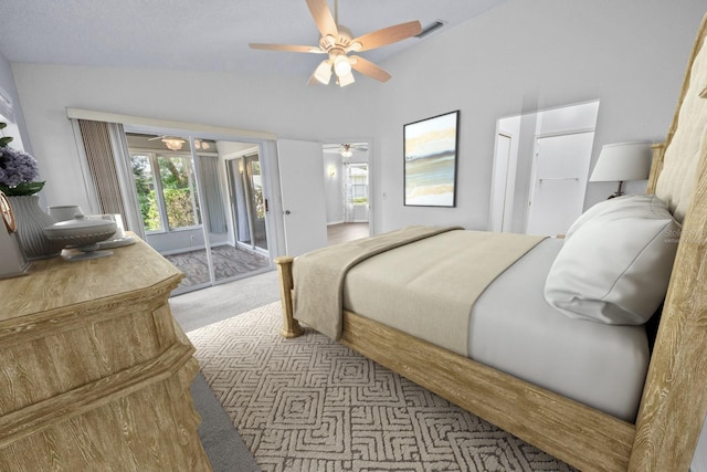 carpeted bedroom featuring ceiling fan, access to exterior, and vaulted ceiling