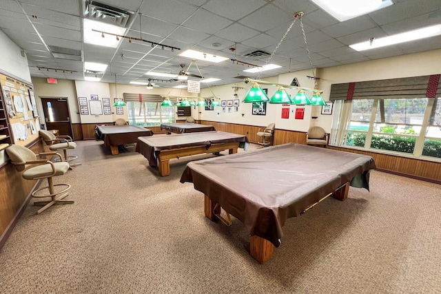 rec room with carpet floors, a paneled ceiling, and pool table