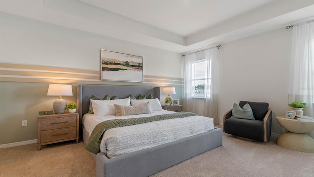 bedroom featuring carpet floors and a tray ceiling