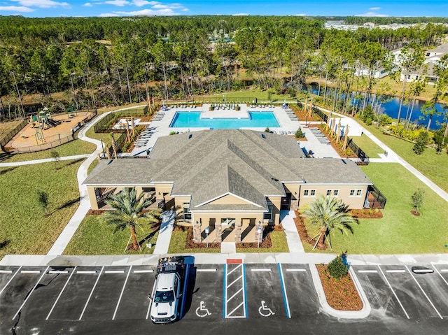 bird's eye view with a water view