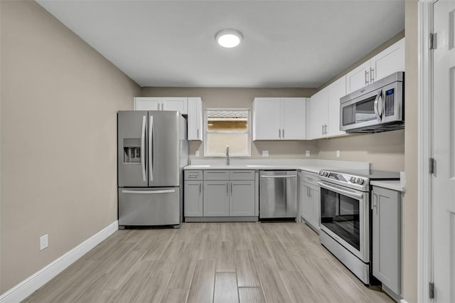 kitchen featuring appliances with stainless steel finishes, sink, white cabinets, and light hardwood / wood-style flooring