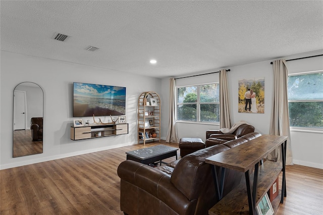 living room featuring a textured ceiling and hardwood / wood-style flooring