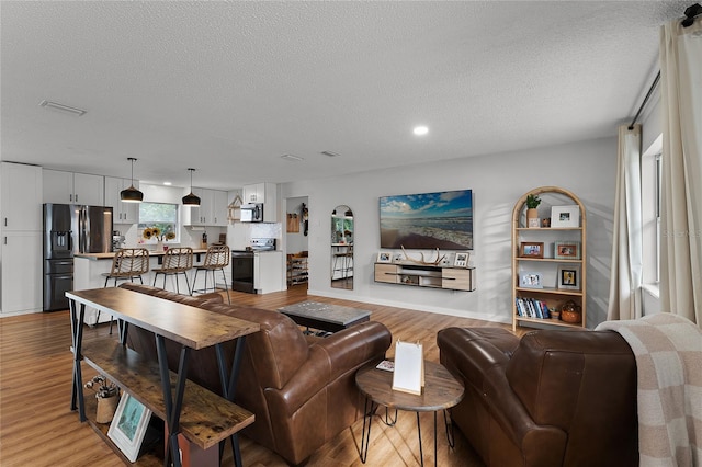 living room with a textured ceiling and light hardwood / wood-style floors