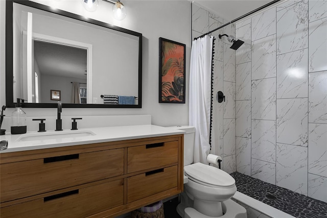 bathroom featuring toilet, vanity, and a shower with shower curtain