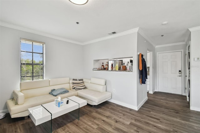 living room with dark hardwood / wood-style floors and ornamental molding