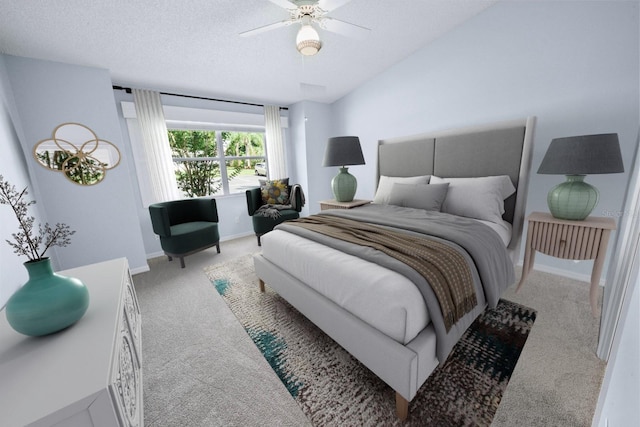 bedroom featuring light carpet, a textured ceiling, and ceiling fan