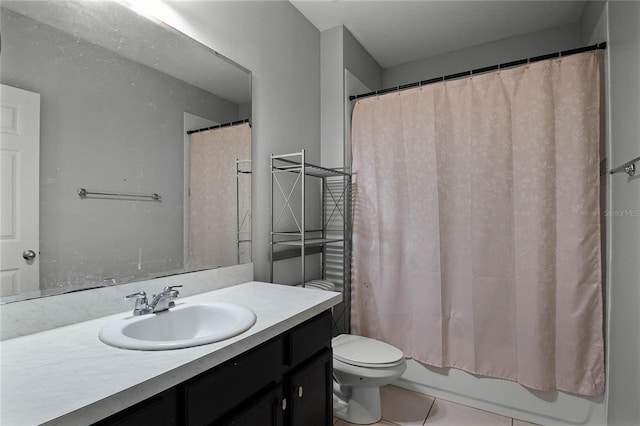 full bathroom with toilet, vanity, tile patterned flooring, and shower / tub combo with curtain