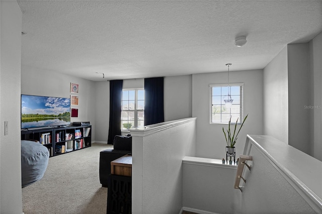 interior space with carpet, a wealth of natural light, and a textured ceiling