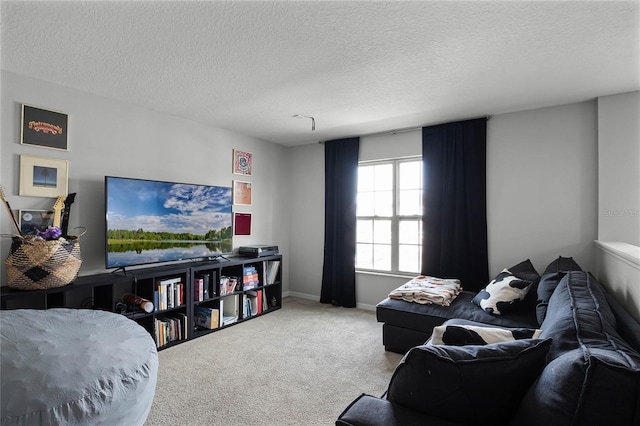 carpeted living room featuring a textured ceiling