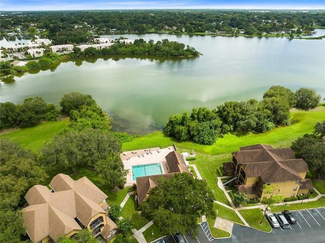 drone / aerial view with a water view