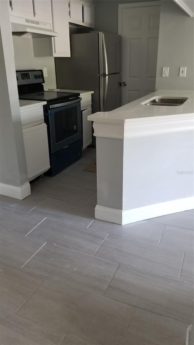 kitchen with sink, white cabinets, and stainless steel electric range oven