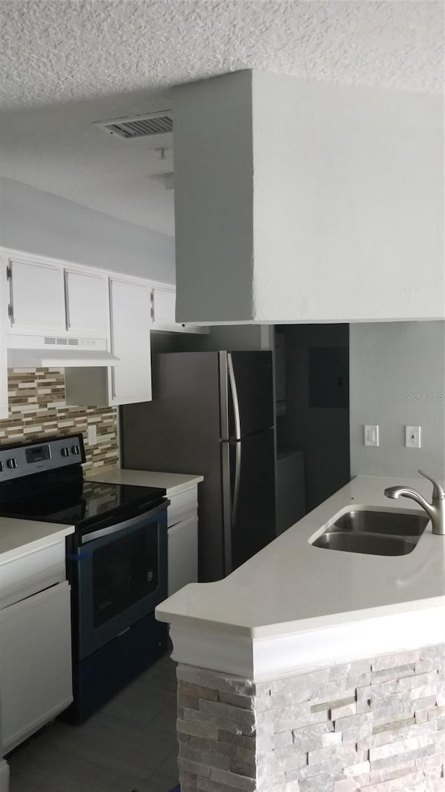 kitchen featuring kitchen peninsula, range with electric stovetop, sink, white cabinets, and tasteful backsplash