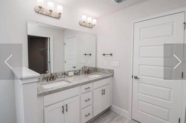 bathroom with hardwood / wood-style floors and vanity