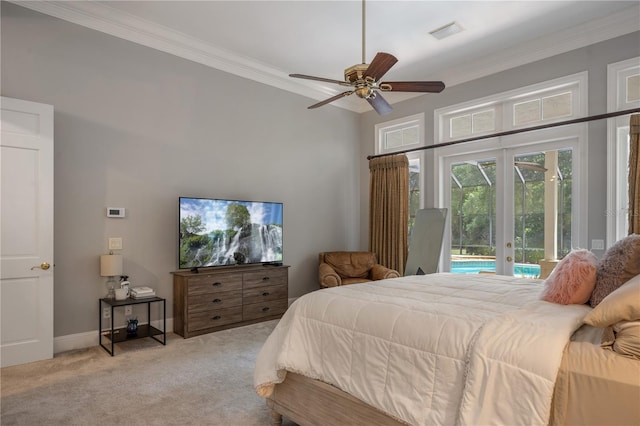 bedroom with ceiling fan, light colored carpet, access to outside, ornamental molding, and french doors