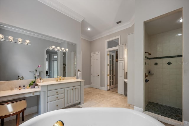 bathroom featuring vanity, independent shower and bath, and crown molding