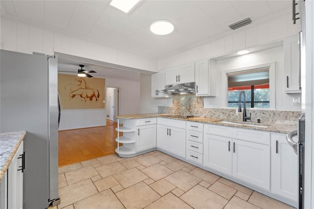 kitchen featuring white cabinetry, sink, stainless steel fridge, and ceiling fan