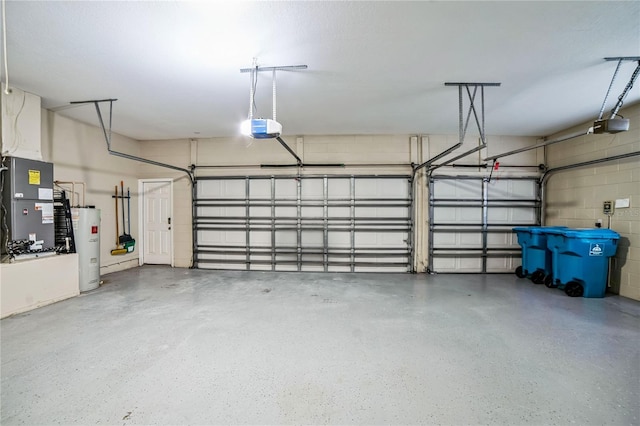 garage with a garage door opener, heating unit, and water heater