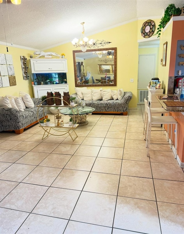 living room featuring light tile patterned floors, visible vents, vaulted ceiling, and crown molding