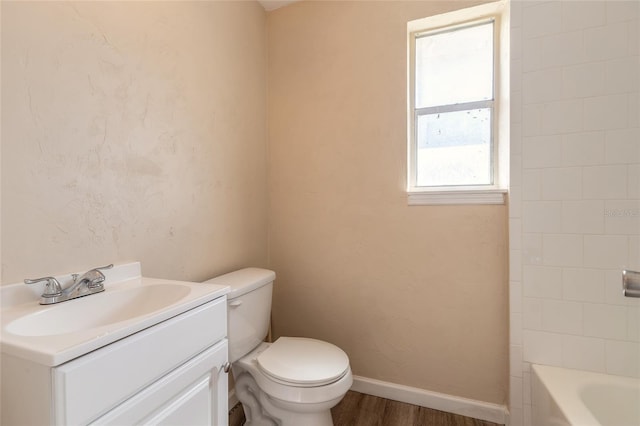 bathroom featuring vanity, wood-type flooring, and toilet