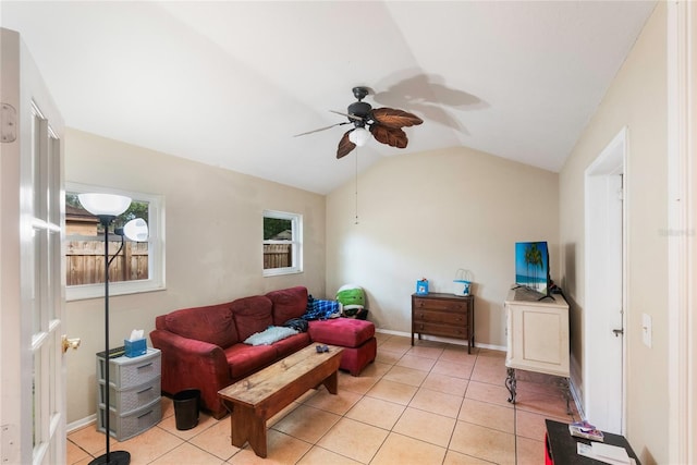 1309 Paradise Ln, Winter Park, FL 32792 - living room featuring ceiling fan, light tile patterned floors, and lofted ceiling