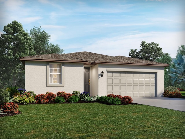 view of front of home with a garage and a front lawn