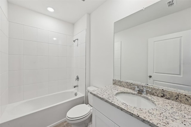 bathroom featuring shower / tub combination, vanity, toilet, recessed lighting, and visible vents